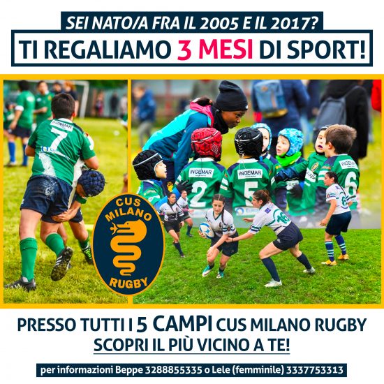 3 mesi rugby gratis locandina, cus milano rugby regala 3 mesi di sport sui suoi campi per maggio, giugno e settembre